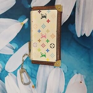 Louis Vuitton AUTHENTIC White Multicolore Cles Key Chain Coin Purse Wallet Pouch